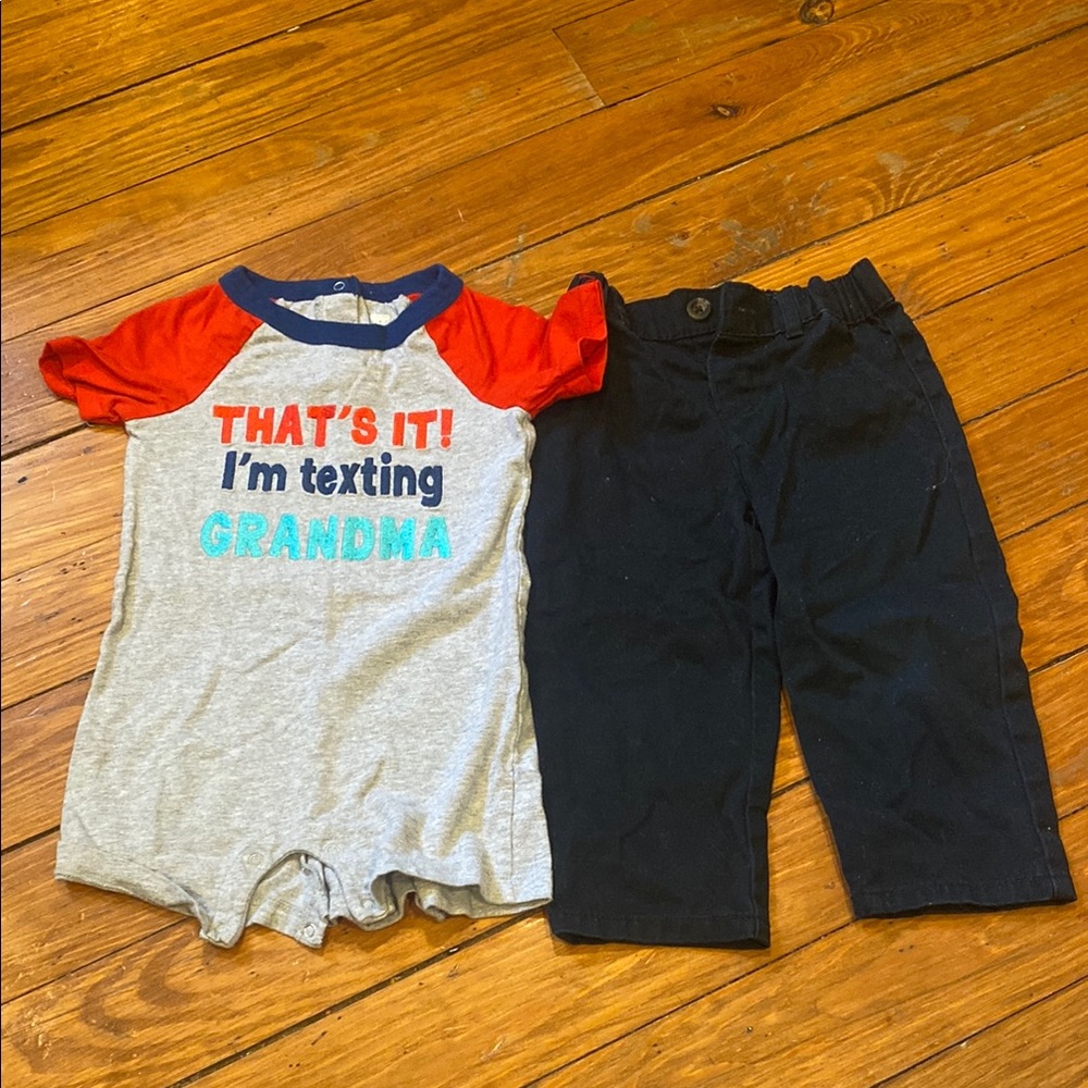 Gray and Red Text Print Baby Romper with Black Pants